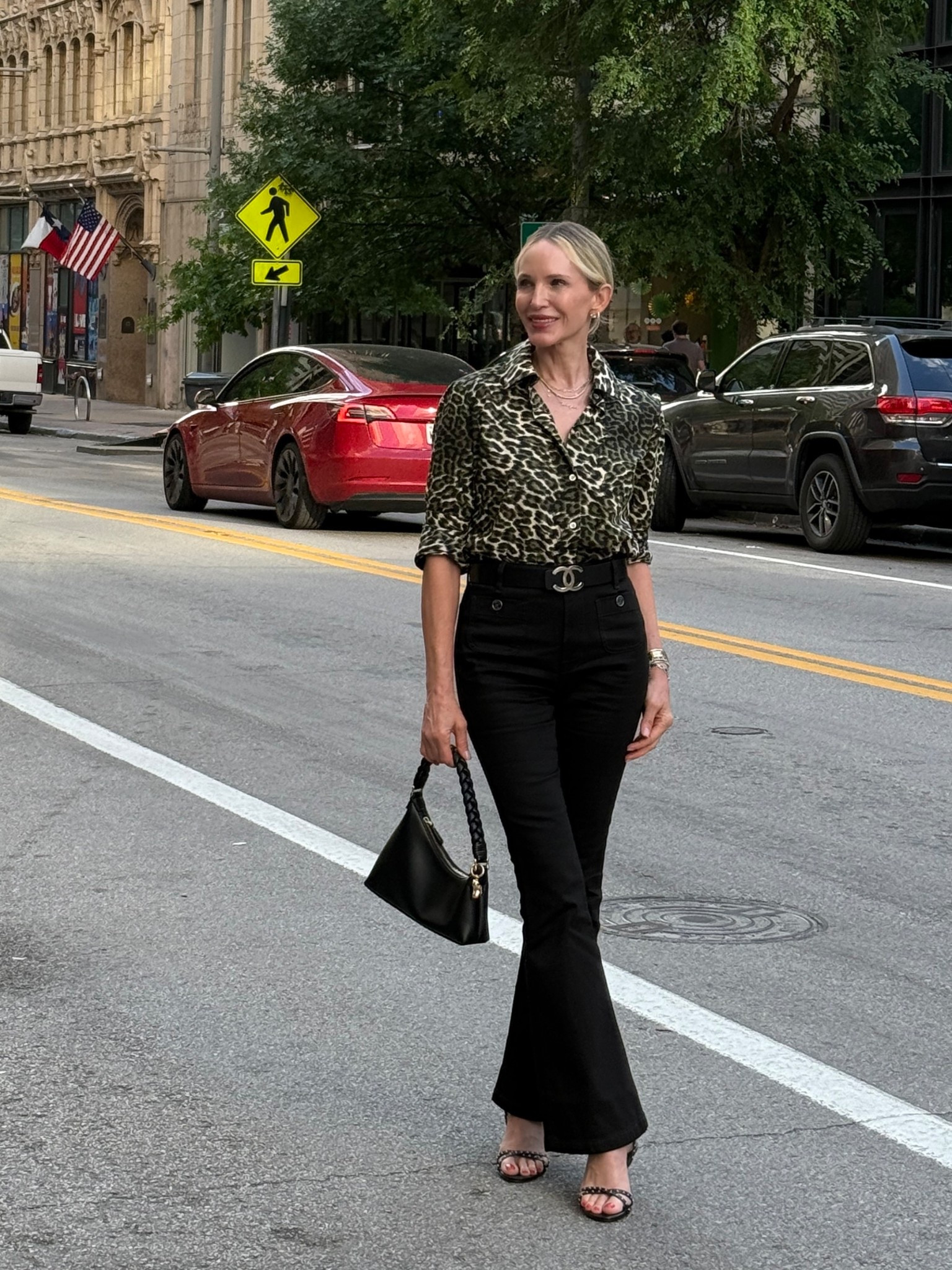 Style from the street! Wearing Saint + Sofia Bowie Pants and the prettiest olive green leopard blouse.
Black studded sandals by Inez. Code: MEGAN15 saves 15%

#LTKOver40 #LTKWorkwear #LTKootd