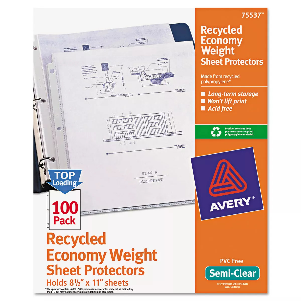 Avery Top-Load Recycled Polypropylene Sheet Protector Semi-Clear 100/Box 75537 | Target