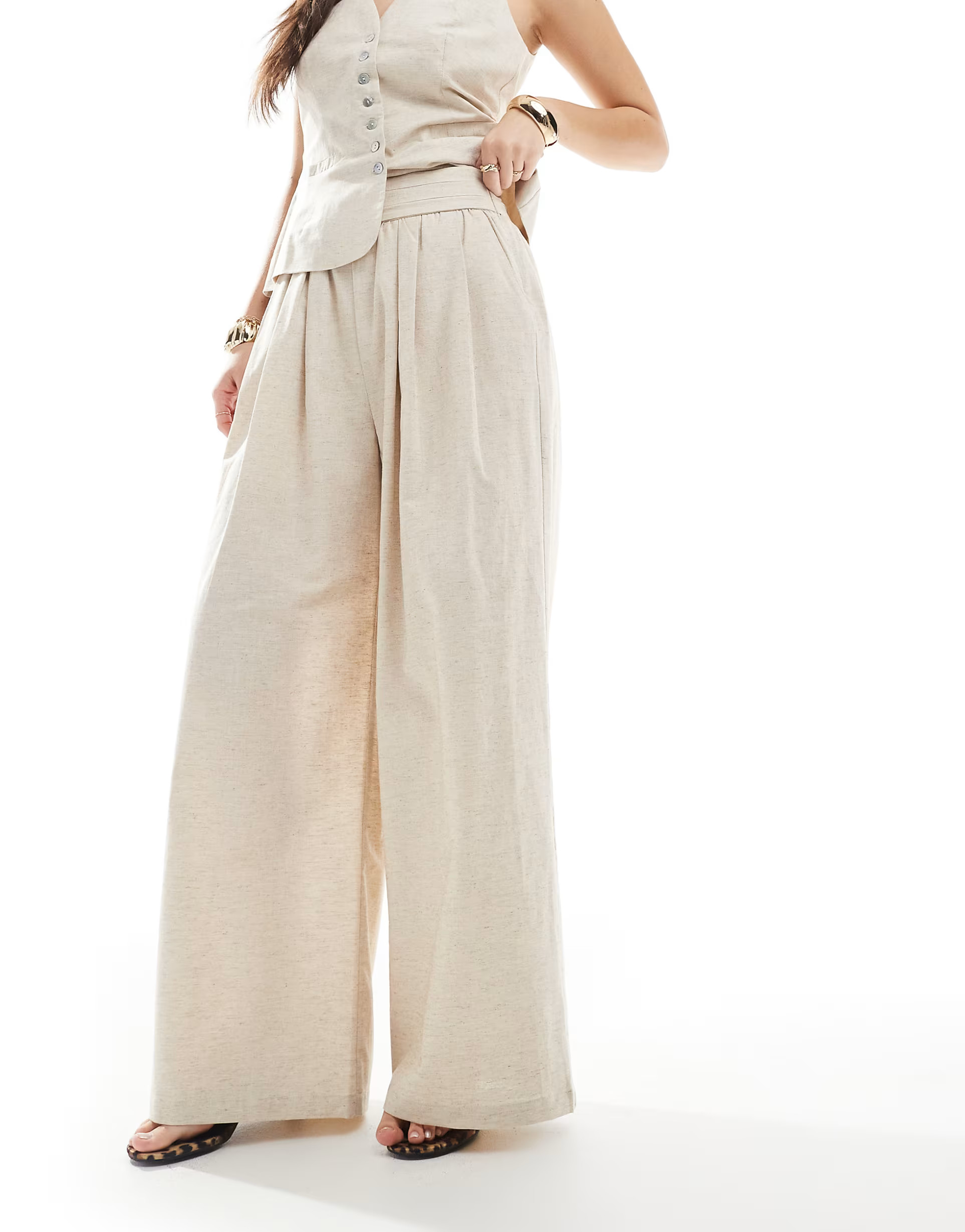 4th & Reckless linen blend tailored ruched waistband wide leg trousers co-ord in beige | ASOS | ASOS (Global)