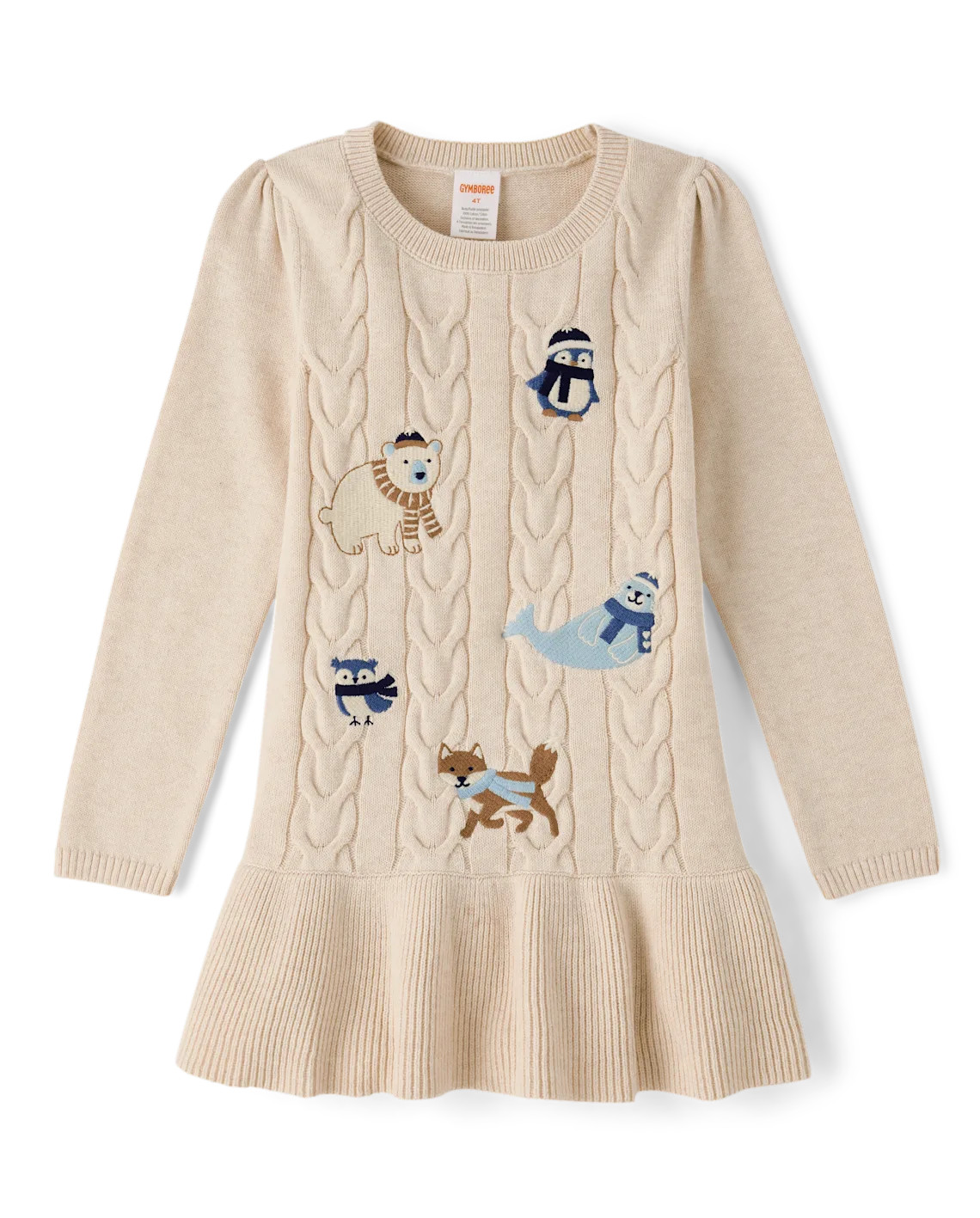 Girls Long Sleeve Embroidered Polar Animals Peplum Sweater Dress - First Frost - TAN | Gymboree | Gymboree