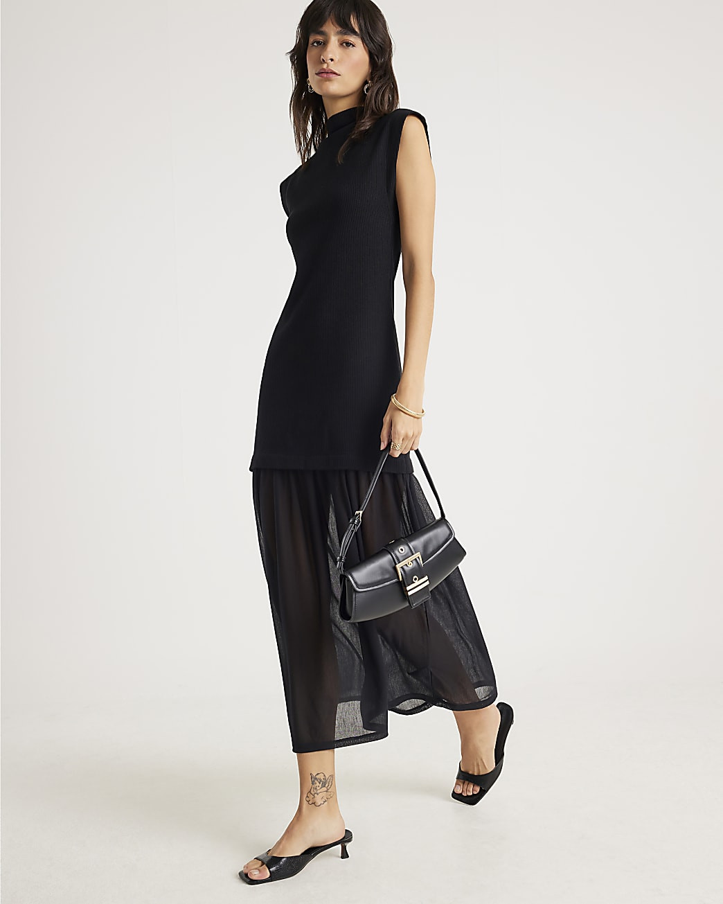 Black Drop Waist Ribbed Hybrid Midi Dress | River Island UK & IE