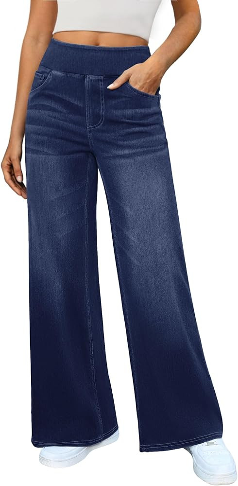 Women's Wide Leg Jeans High Waisted Stretchy Denim Pants Elastic Waist Pull On Sweatpant Jeans Tr... | Amazon (US)