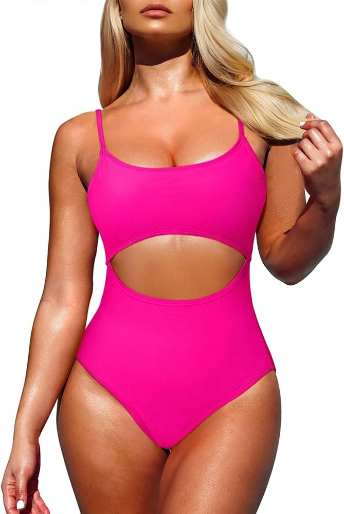 Pink Queen Women's One Piece Swimsuit Spaghetti Strap Scoop Neck Cutout High Waisted Bathing Suit... | Amazon (US)