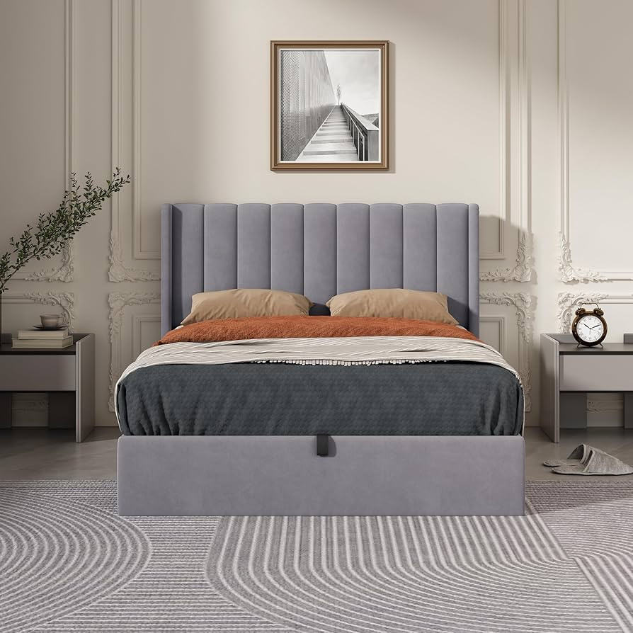 Full Size Hydraulic Lift Up Upholstered Storage Bed with WIngback Headboard,Grey | Amazon (US)