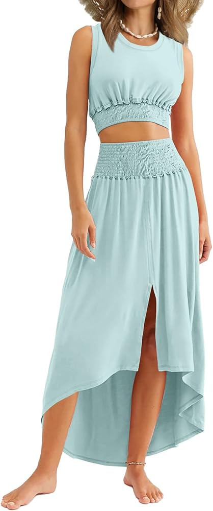 WIHOLL Womens 2 Piece Summer Outfits Crew Neck Croptops Casual Split Vacation Maxi Skirt Dress Se... | Amazon (US)