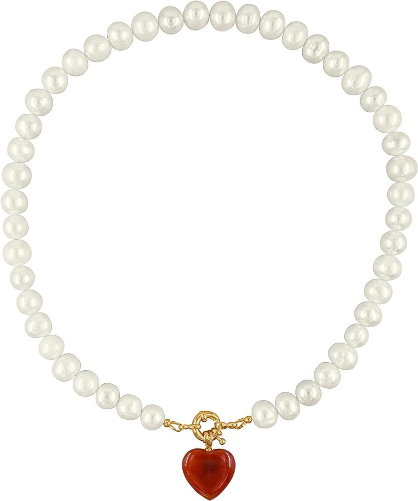 Natural Freshwater Pearl Semi Precious Heart Genstone Pendant Necklace 18 Inch | Amazon (US)