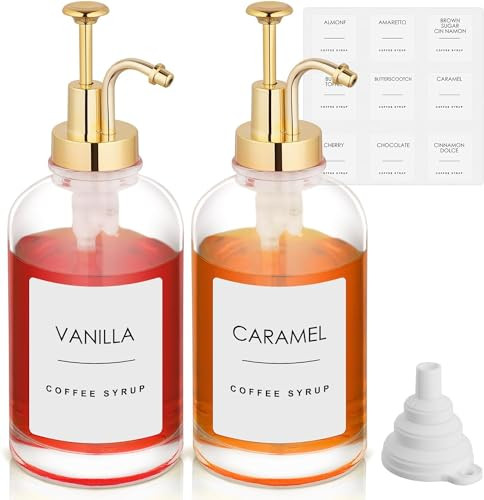 Jatnsefo 2 Pack 16.9 Oz Coffee Syrup Dispenser for Coffee Bar, 500ml Syrup Pump Dispenser, Glass Syrup Bottle w. Gold Upgraded Pump and 36 Labels, Coffee Bar Accessories Syrup Bottle | Amazon (US)