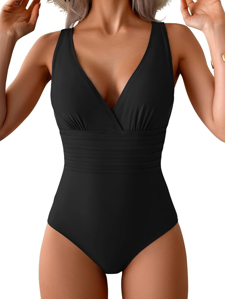 Eomenie One Piece Swimsuit for Women Tummy Control Slimming Bathing Suit Wide Straps V Neck Swim ... | Amazon (US)