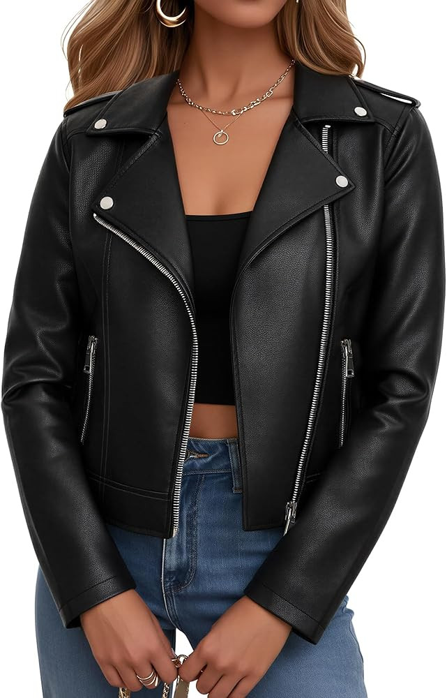 Women Leather Jacket Faux Cropped Coat Cute Short Zip Up for Casual Rock Concert Game Day Edgy Vi... | Amazon (US)