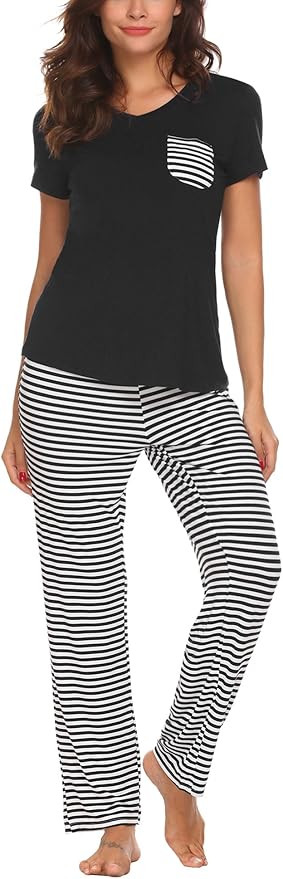 HOTOUCH Women's Pajama Set Short Sleeve and Long Pants Two-Piece Sleepwear Soft Modal Pjs Loungew... | Amazon (US)