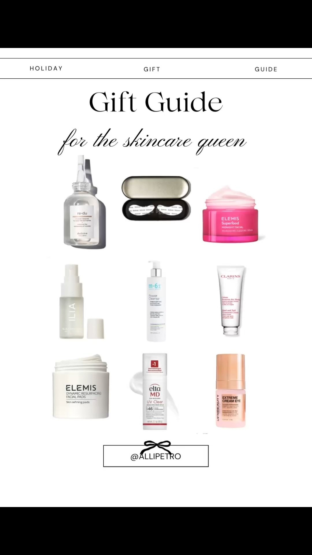the gift guide for the skincare queen 👑 who loves having the perfect skincare routine & never misses it!

featuring Dubose re-du serum, reusable eye patches, Elemis Superfood Midnight Facial moisturizer, Ilia blue light blocking spray, M-61 face wash, Clarins hand and nail cream, Elemis Dynamic Resurfacing pads, Elta MD sunscreen, & INNBEAUTY extreme eye cream 🤍 

anti aging skincare routine, unique gifts, medical grade skincare, must have beauty 

#LTKHoliday #LTKBeauty #LTKGiftGuide