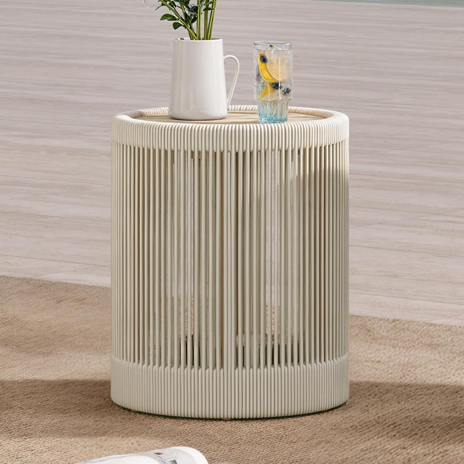 CHITA Outdoor Boho Wicker Side Table with Adjustable Foot Leveler and Acacia Wood Top,16 Inch Patio Rattan End Table, Fully Assembled(Cream) | Amazon (US)