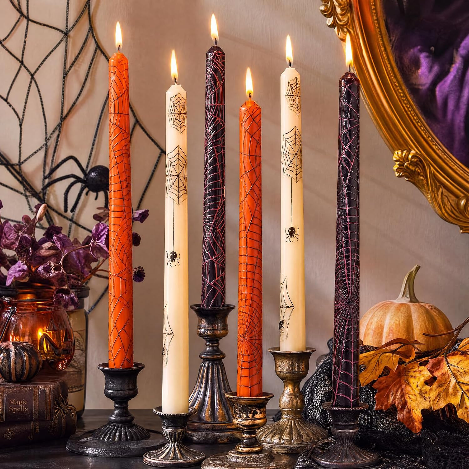 Conelist 6 Pcs Halloween Taper Candles Bulk, 3D Spider Web Spooky Decor | Amazon (US)