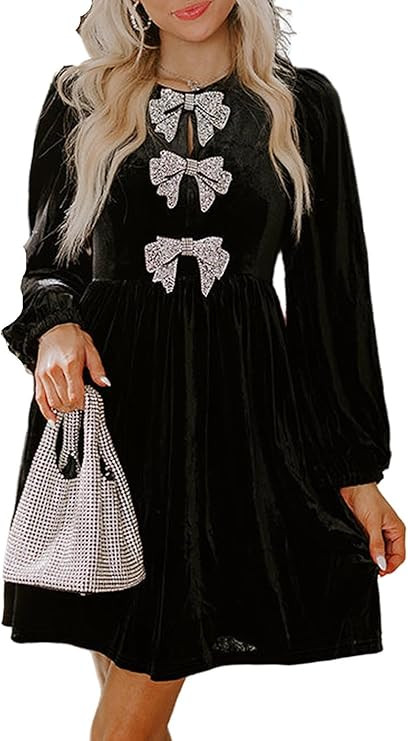 Women's Bowknot Velvet Dress Trendy Puff Long Sleeve High Waist Mini Dress A Line Flowy Velvet Pa... | Amazon (US)