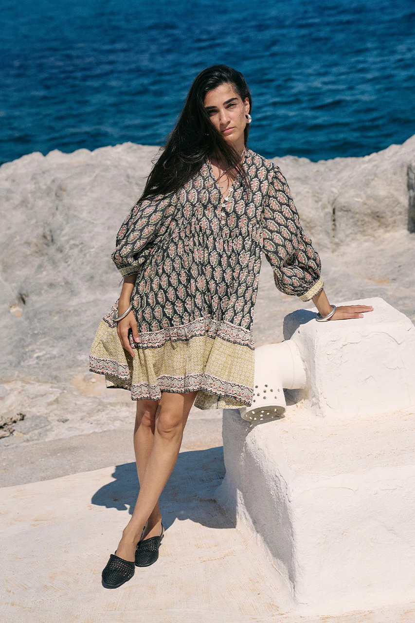 Bhoomi Mini Dress ~ Onyx | Artisan Block Print Boho Mini Dress | Daughters of India
