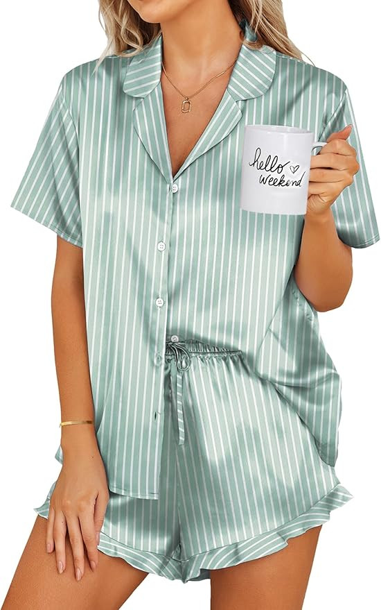 Ekouaer Womens Satin Pajamas Set Button Down 2 Piece Silk Pjs Shorts Set Ruffle Lingerie Notch Co... | Amazon (US)