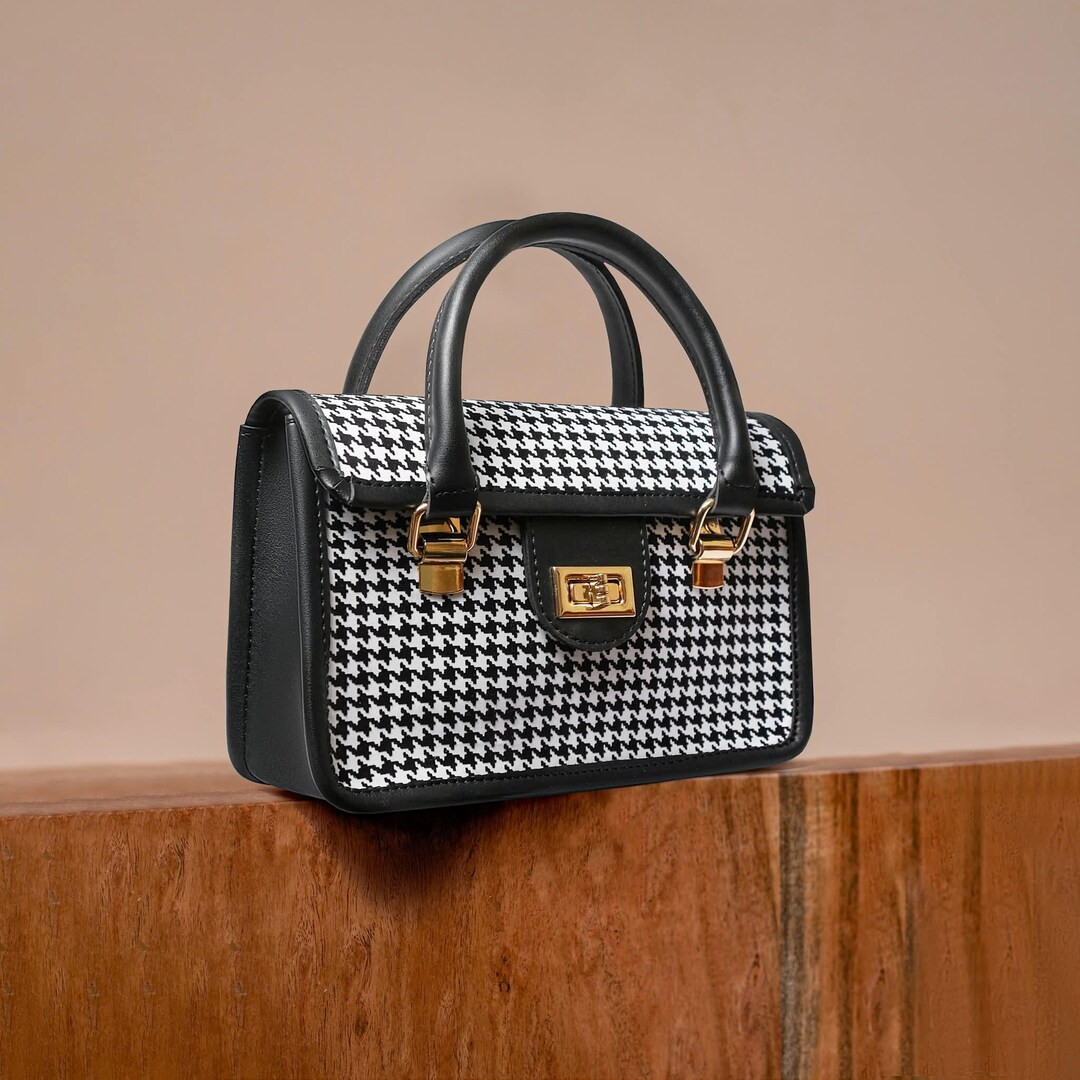 Vintage-inspired Houndstooth Handbag – Classic Black & White Structured Purse With Gold Hardwar... | Etsy (US)