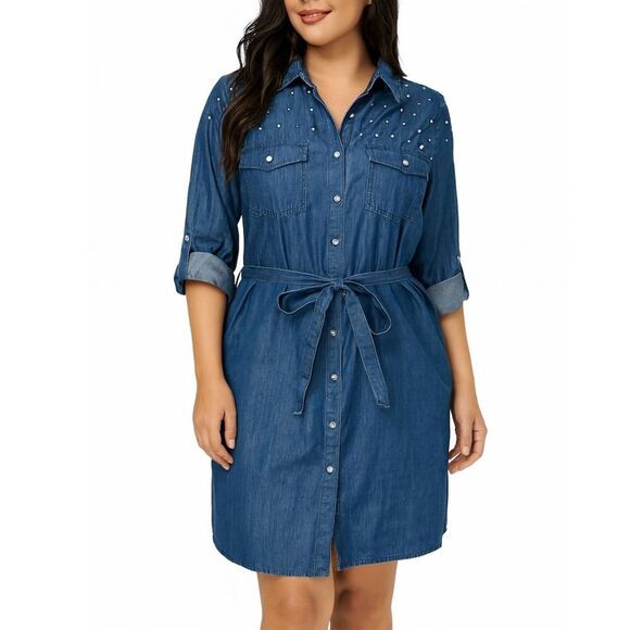 MPH Collection Women's XL Blue Denim Shirt Dress Rhinestone Accents | Poshmark