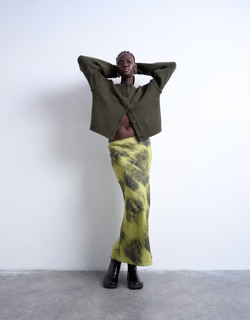 Topshop bias maxi skirt with blurred floral print in green | ASOS (Global)