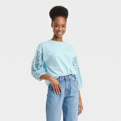 Women's Long Sleeve Round Neck Eyelet Top - A New Day™ | Target