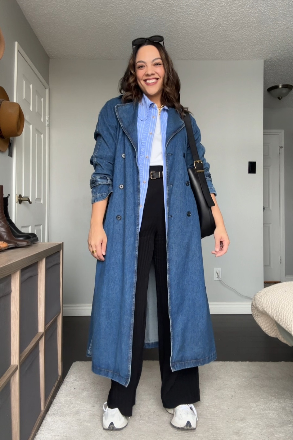 Tips on how to style wide leg pants and a T-shirt!
1. Add dimension by adding layers like a button down shirt or a trench coat. 
2. Add accessories like a belt, sunglasses, and a bag to complete the look. 

-Reformation long denim trench coat. I have a medium. 
-Blue and white striped button up shirt. Similar linked. 
-White T-shirt. I have a medium. 
-Black belt with gold buckle. 
-Abercrombie Sloane pants. Black high rise tailored wide leg trousers. I have a size 29. 
-New Balance 327 sneakers. 
-Madewell black leather bucket tote. 
-Celine Triomphe sunglasses. 


#LTKSeasonal #LTKstyletip #LTKMostLoved