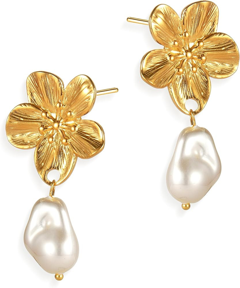 Gold Pearl Dangle Drop Earrings for Women, Trendy Cute Earing Wedding Holiday Accessories Fashion... | Amazon (US)