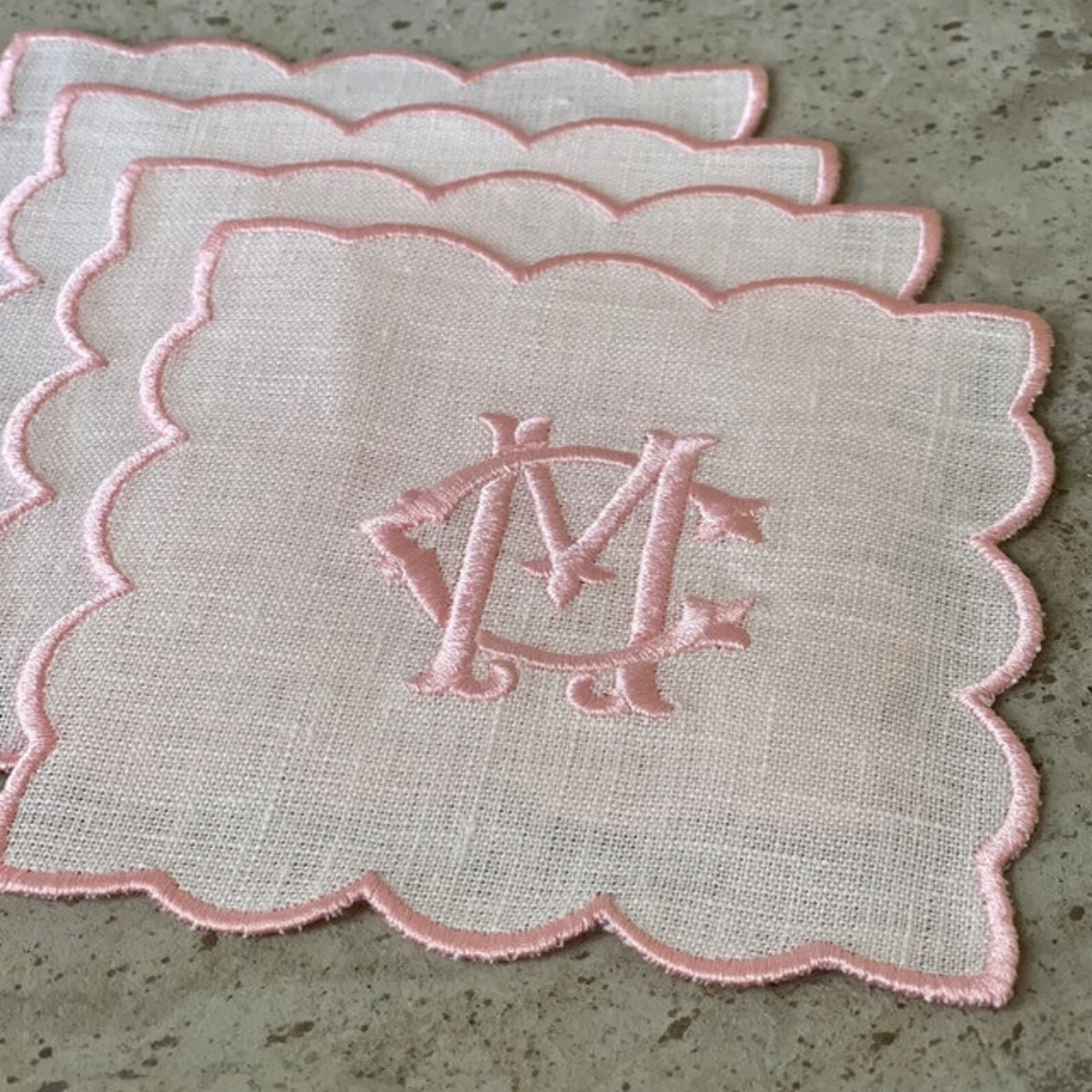 Scalloped linen cocktail napkin/monogramed linen cocktail coaster/barware/bar napkins | Etsy (US)