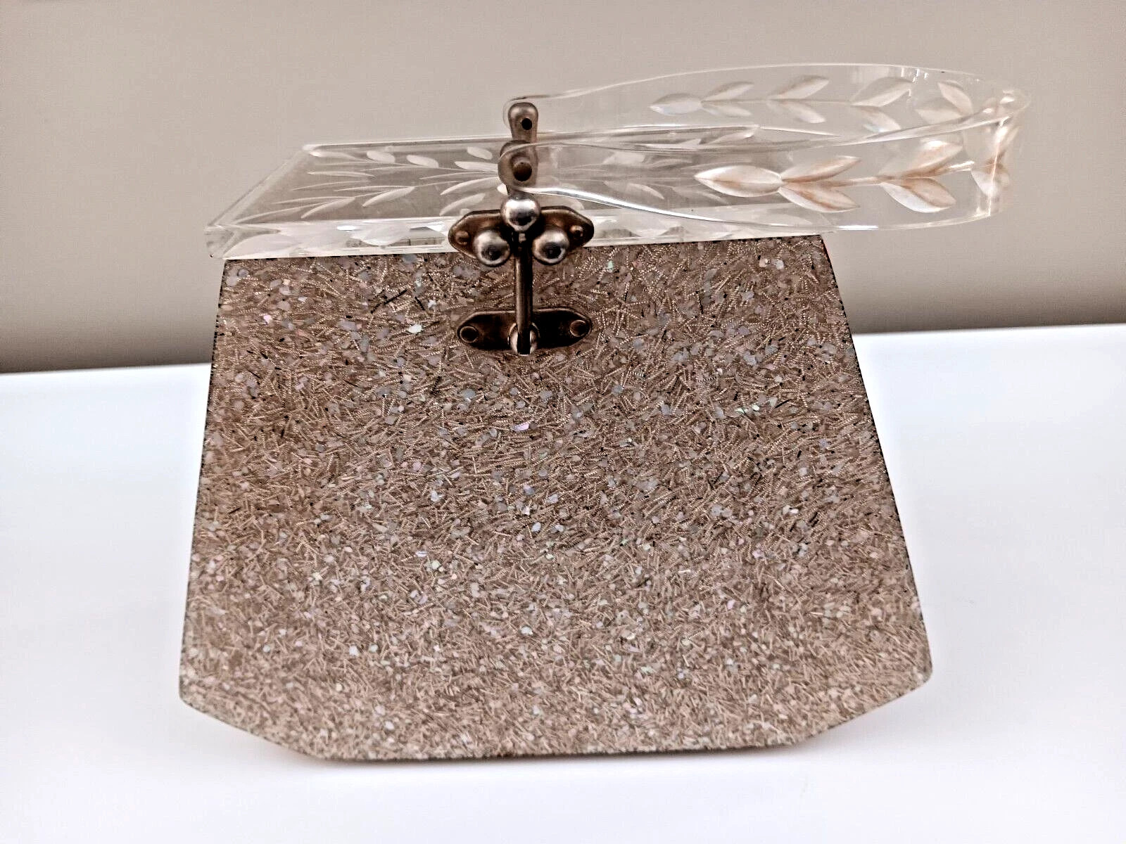 Vintage Lucite Gold Confetti Glitter Purse with Fancy Carved Lucite Handle & Lid  | eBay | eBay US