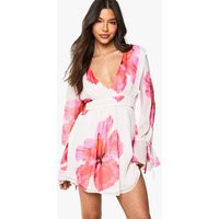 Womens Floral Chiffon Long Sleeved Shirred Mini Dress - Pink - 4 | boohoo (US & Canada)