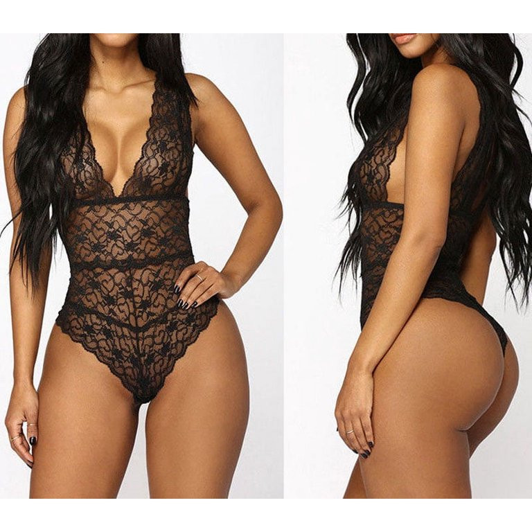 Women V Neck Lace Up Bandage Bodysuit Leotard Lingerie Romper Tops Jumpsuit  Black Size XL - Walm... | Walmart (US)