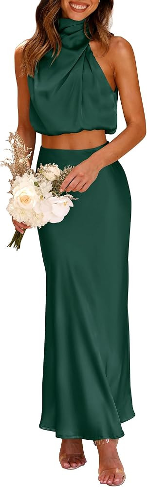 PRETTYGARDEN Women's 2 Piece Satin Outfits Summer Sleeveless Mock Neck Crop Tops and Long Skirt D... | Amazon (US)