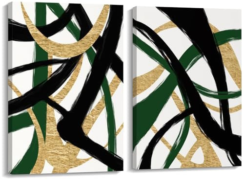 VisionaryBrush Black Gold and Green Wall Art, Abstract Stripes Canvas Poster Print, Modern Simple Geometric Wall Decor for Living Room Bedroom Office Decorative Painting Wood Frame 16" x 24" x 2 | Amazon (US)