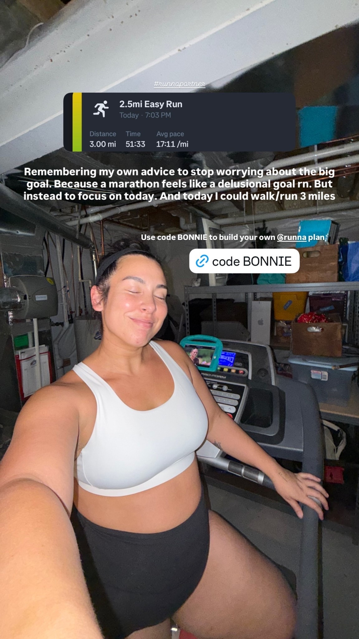 Remembering my own advice to stop worrying about the big goal. Because a marathon feels like a delusional goal rn. But instead to focus on today. And today I could walk/run 3 miles  Use code BONNIE to build your own @runna plan  #runnapartner