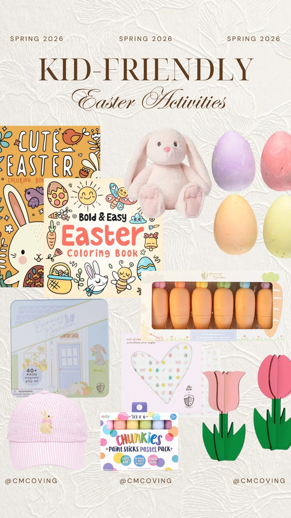 Easter kid-friendly activities, bunny, chalk, pastel, books, stuffed animal, carrot, markers, flower, nail stickers

Easter basket stuffers


#LTKKids #LTKSeasonal #LTKmomlife