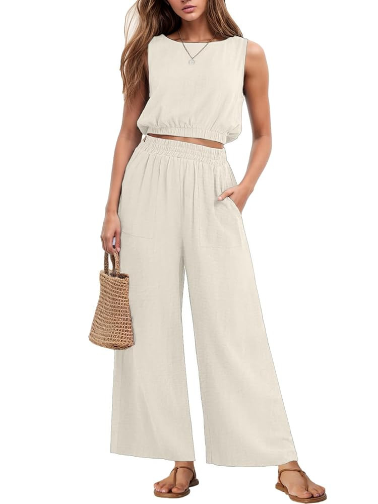 GRECERELLE Two Piece Sets for Women Sleeveless Crop Top Wide Leg Pants Sweat Set for Women Tracks... | Amazon (US)