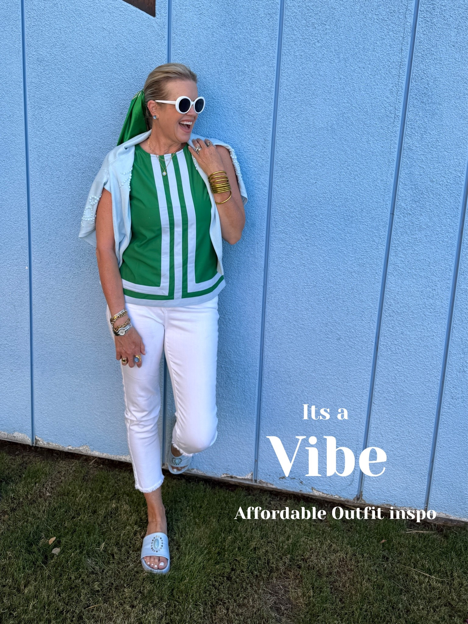 Affordable outfit inspo 

A Palm Royal vibe

Palm Spring Outfit

A Turkernuck vibe without the price tag✔️ I love this sixties palm beach vibe

Color block tank top, comes in several color ways fits tts I am in a med

White skinny straight jeans with raw hem, above ankle fit tts I am in a 4 

Sweater over my shoulders is older from Chicos linked similar to achieve look

Madison Masion slides comfy and easy to wear a splurge I’ll link similar as well

White retro sunnies 

Gold hoops 

Green scarf in hair

#LTKgrwm #LTKootd #LTKOver40