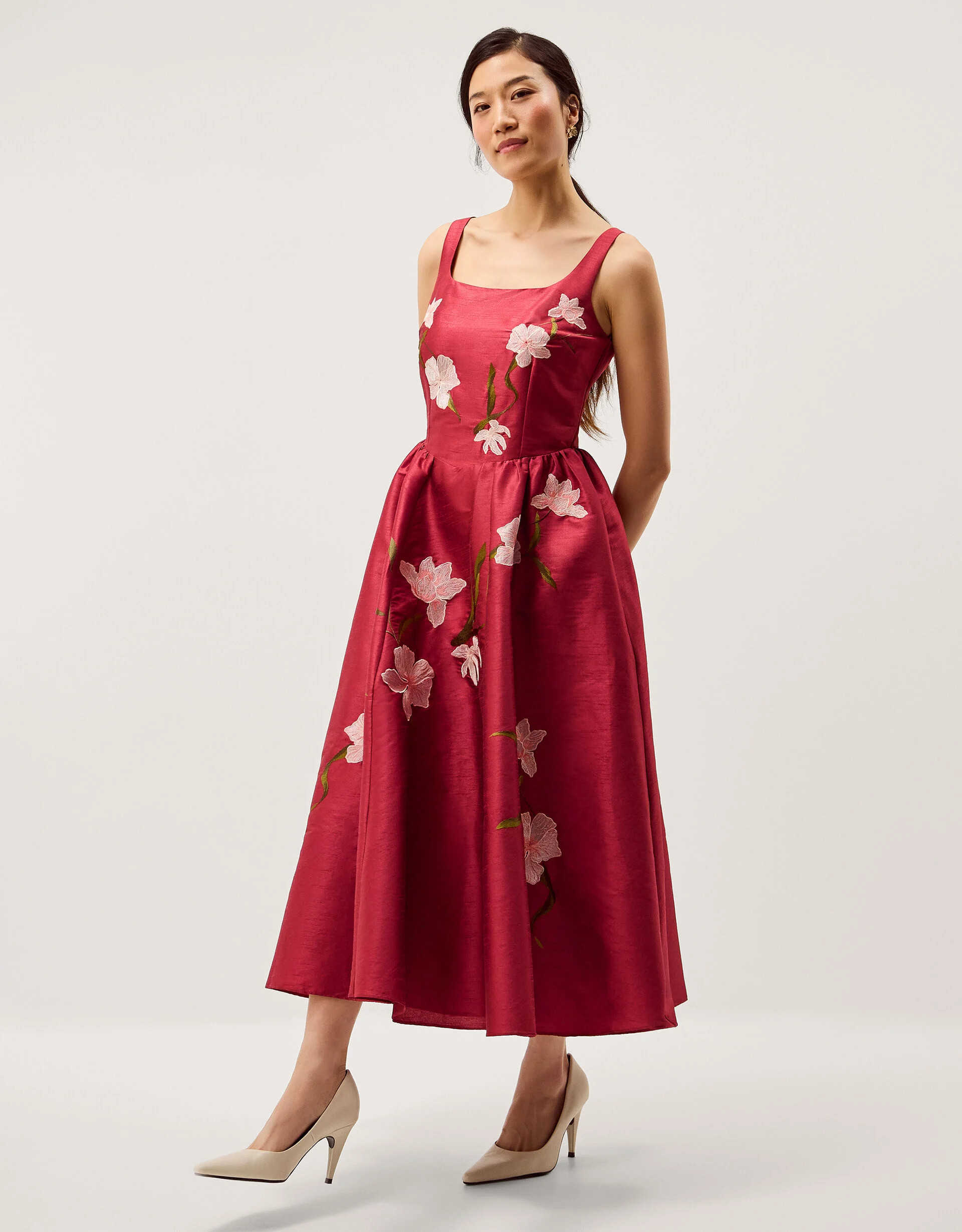 Anya Floral Embroidered Fit & Flare Midi Dress Pink | Monsoon (UK)