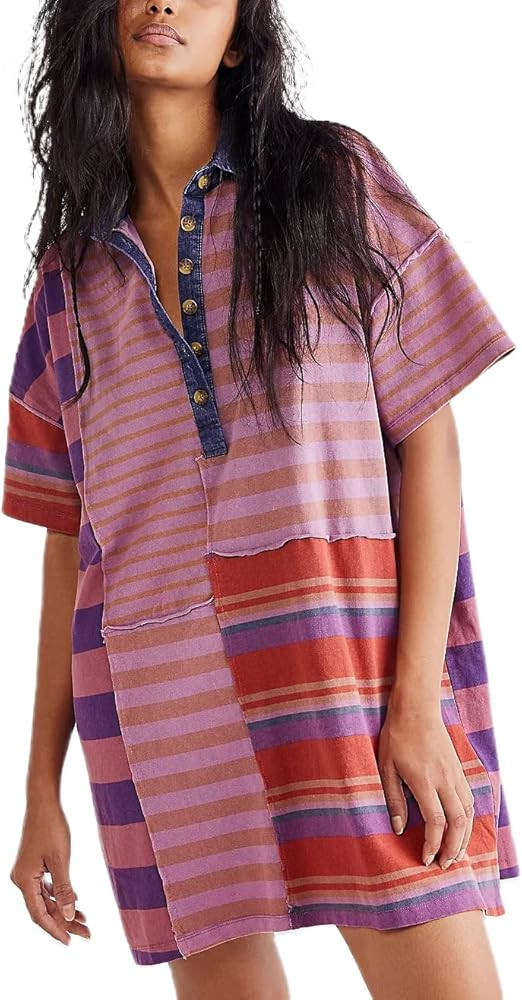Women Contrast Striped Babydoll Dress Y2k Summer Patchwork Mini T- Shirt Dress Vintage V Neck Sho... | Amazon (US)
