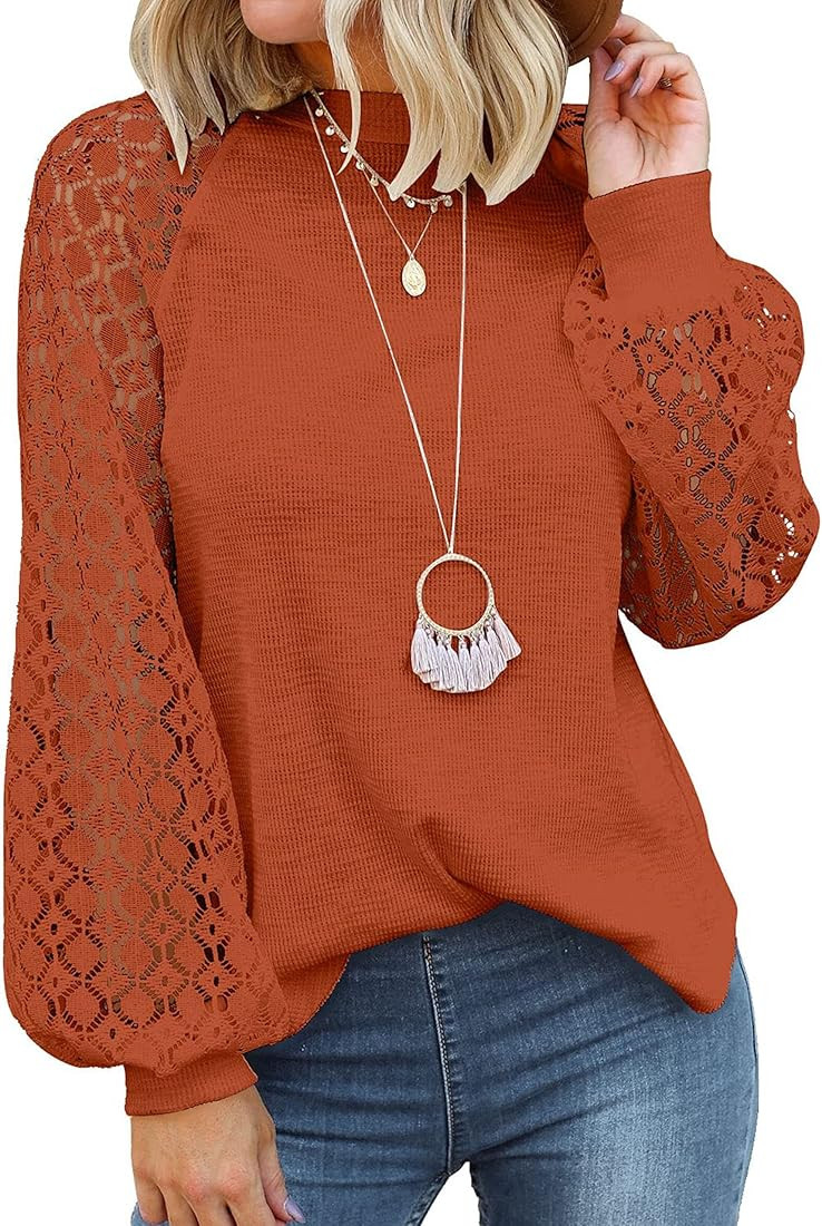 MIHOLL Women’s Long Sleeve Tops Lace Casual Loose Blouses T Shirts | Amazon (US)
