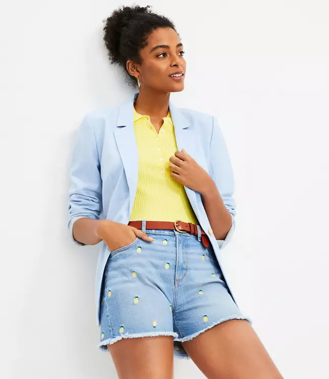 Lemon Embroidered Denim Cut Off Shorts | LOFT
