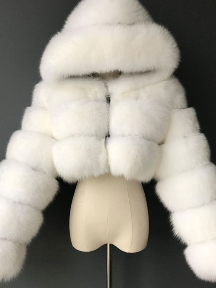 White Faux Fur Coats Hooded Short Jacket Women's Winter Outerwear | Milanoo