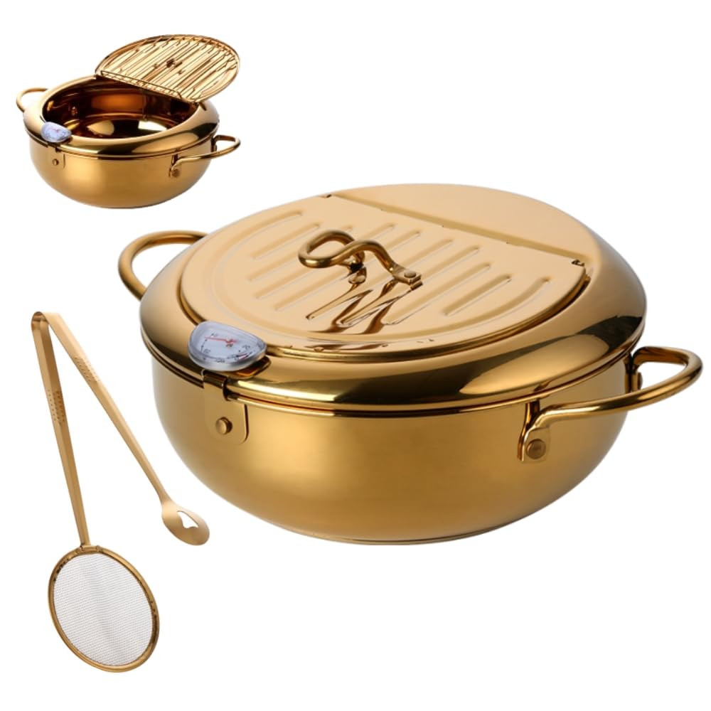 Stainless Steel Deep Fryer for Home, 115Oz Tempura Fryer Pot w/Thermometer and Oil Drip Rack Lid,... | Amazon (US)