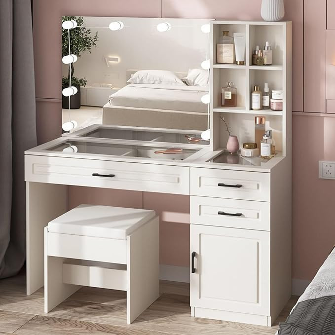 Fameill White Vanity Desk with Mirror and Lights,Glass Top Vanity Table with 3 Drawers and Cabine... | Amazon (US)