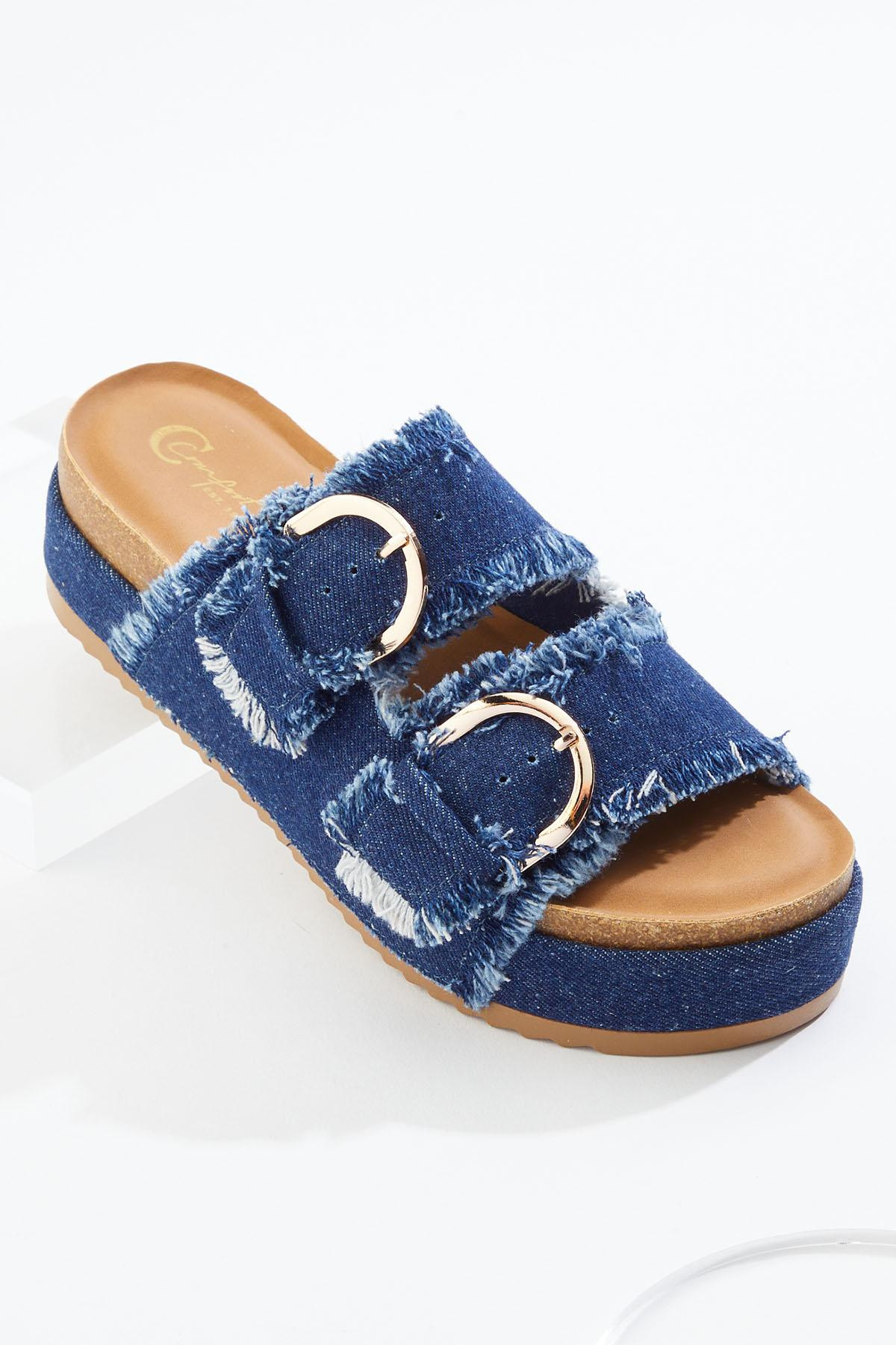 Double Buckle Denim Platform Sandals | Cato Fashions