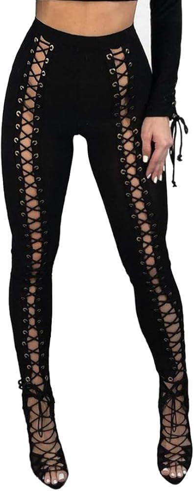 Rainbow Town Women Lace Up Leggings Chic Punk Skinny Pants Slimming Trousers Gym Capris S-XL | Amazon (US)