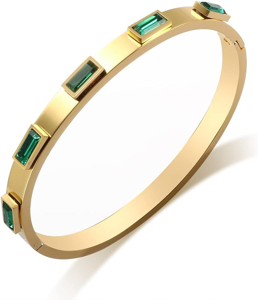 JINHUI Gold Bangles Bracelets for Women, 18K Gold Plated Green Emerald Birthstone Women’s Bangl... | Amazon (US)