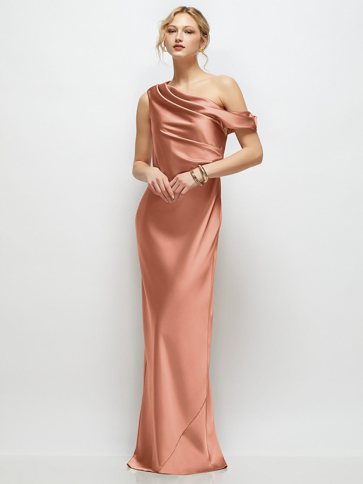 Draped One-Shoulder Bias Stretch Satin Maxi Dress in Copper Penny | Dessy Group