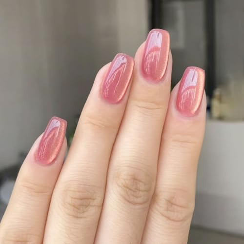 Pink Cat Eye Press on Nails Short Square Fake Nails Pink Gradient False Nails with Design Glitter Full Cover Acrylic Artificial Glue on Nail for Women Girls Manicure 24Pcs | Amazon (US)