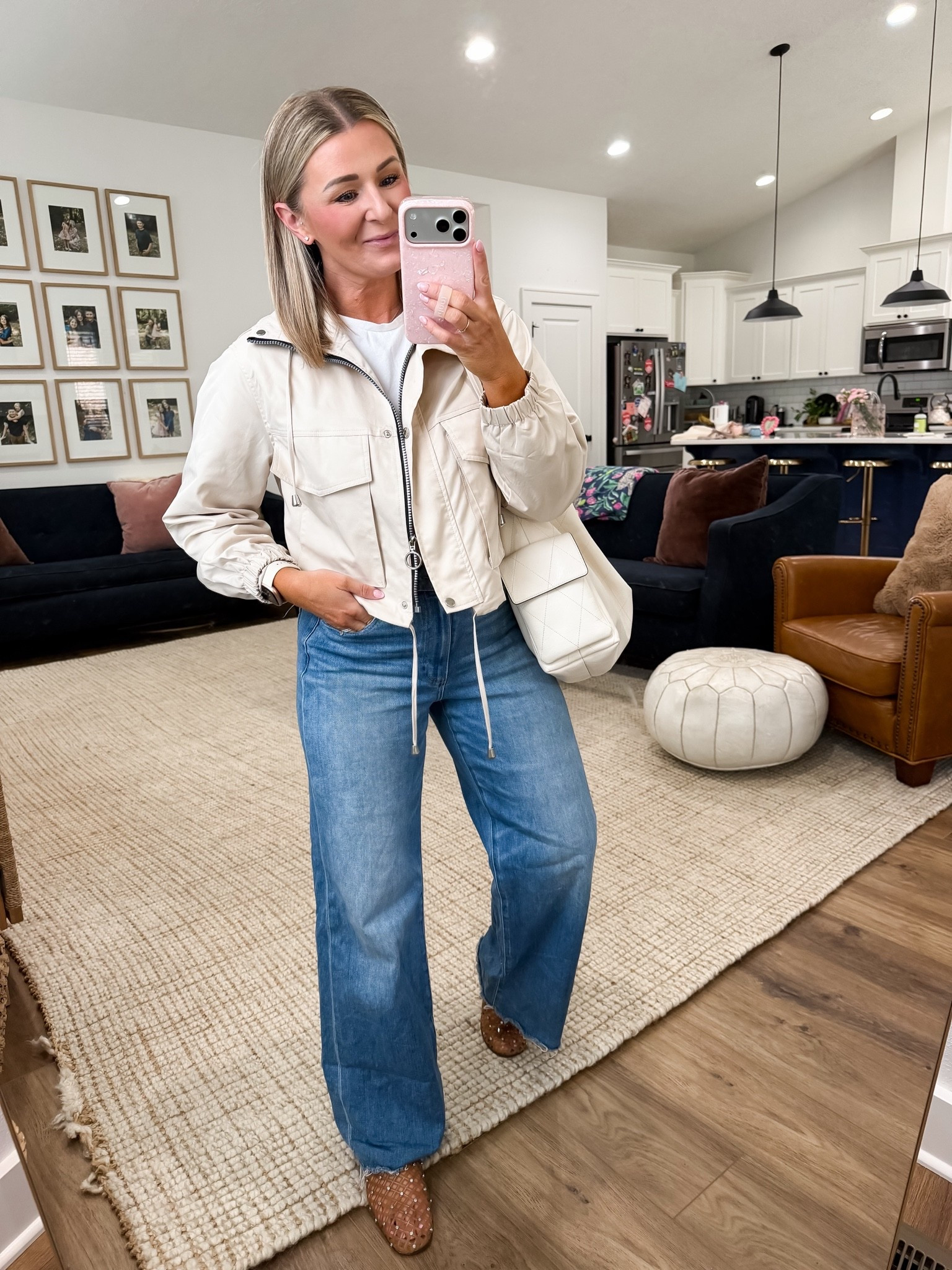 Casual outfit. Perfect for the weather in the mid 60s

Small jacket in khaki 
27 jeans but kinda wish I had a 26 
Shoes are pretty TTS and very comfy!