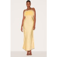 Lemon Satin Feather Bust Detail Strappy Maxi Dress | PrettyLittleThing US
